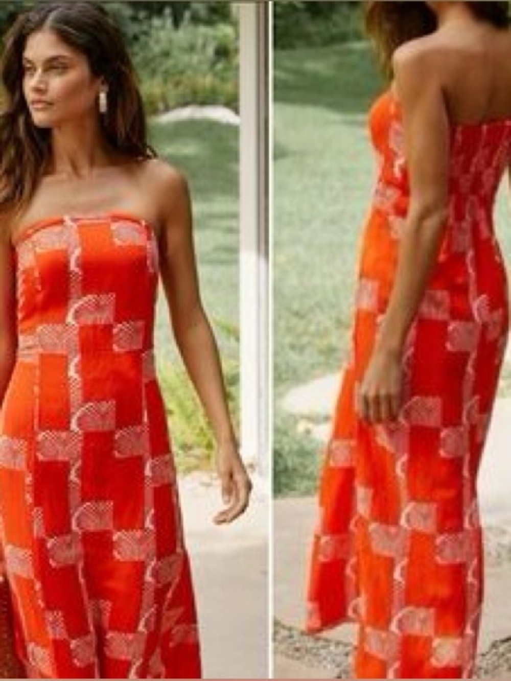 Anthropologie Strapless Orange Patchwork-Print Maxi Dress